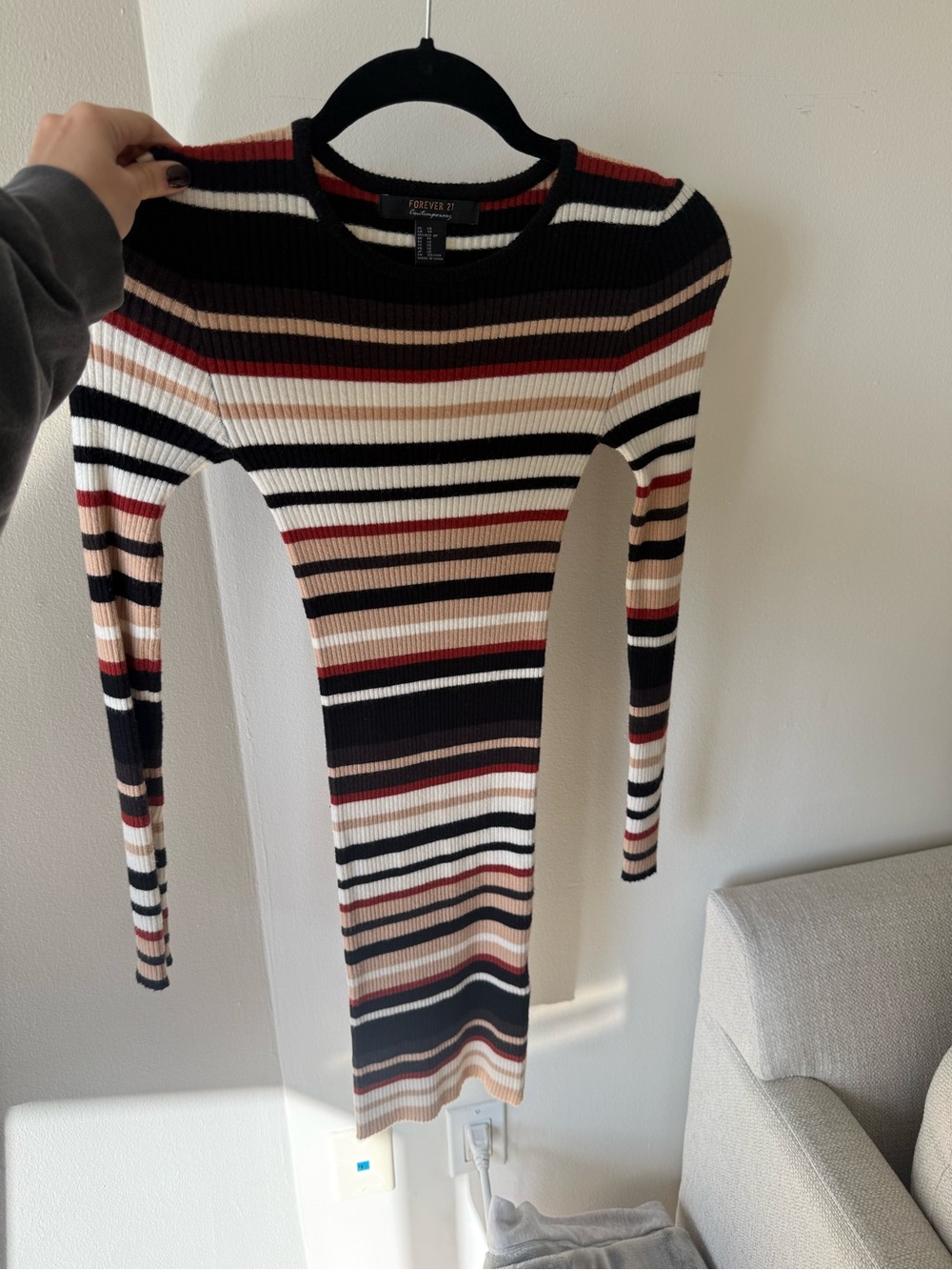 Forever 21 Striped Ribbed Long Sleeve Dress - Black, Cream, Tan, Rust